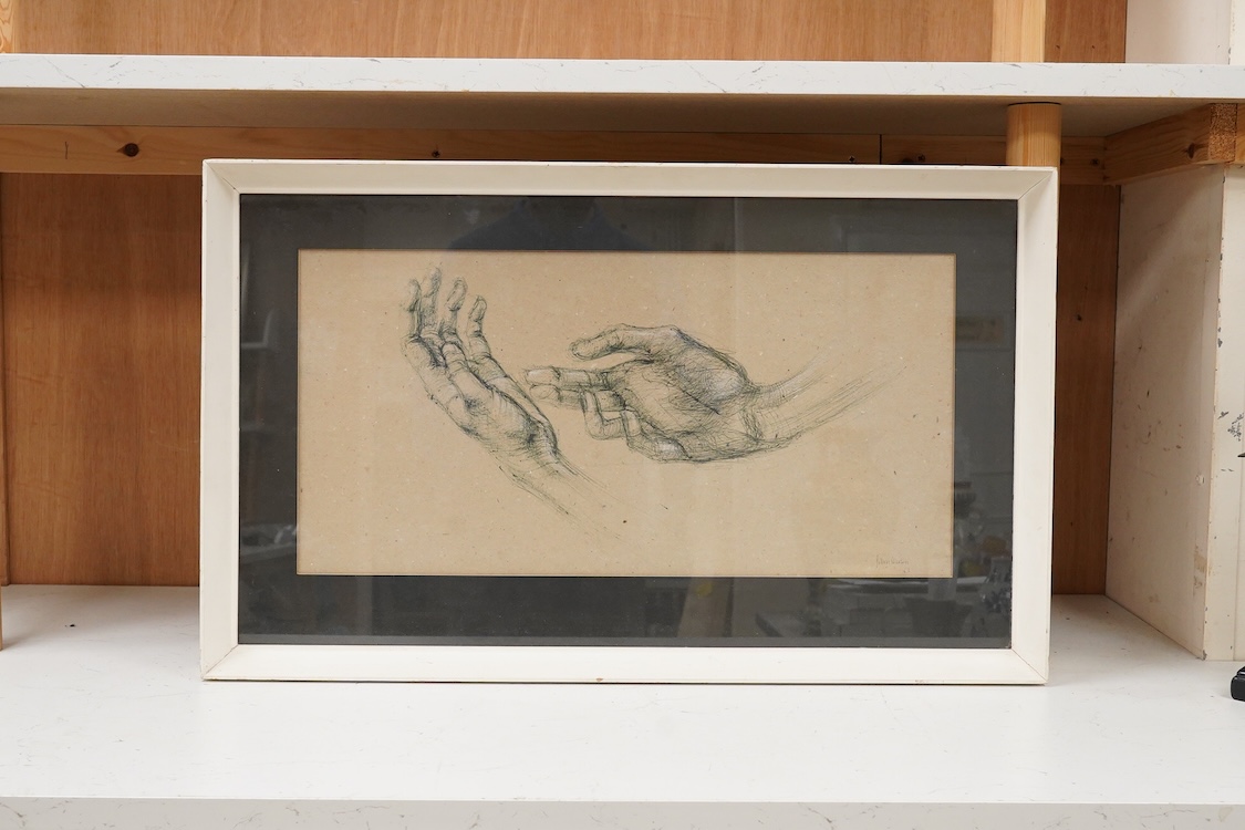 John Skelton (1925-2009), Study of hands, 1963, signed, details verso, ink sketch heightened with white, 25 x 49cm, Provenance: from the artist's family